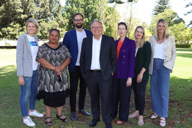 L-R: Miranda Edmonds; DLGSC Executive Director (Culture and Arts) Shelagh Magadza; Khrob Edmonds; Culture and Arts Minister David Templeman; Kathryn Lefroy; Alison James and Screenwest CEO Rikki Lea Bestall.