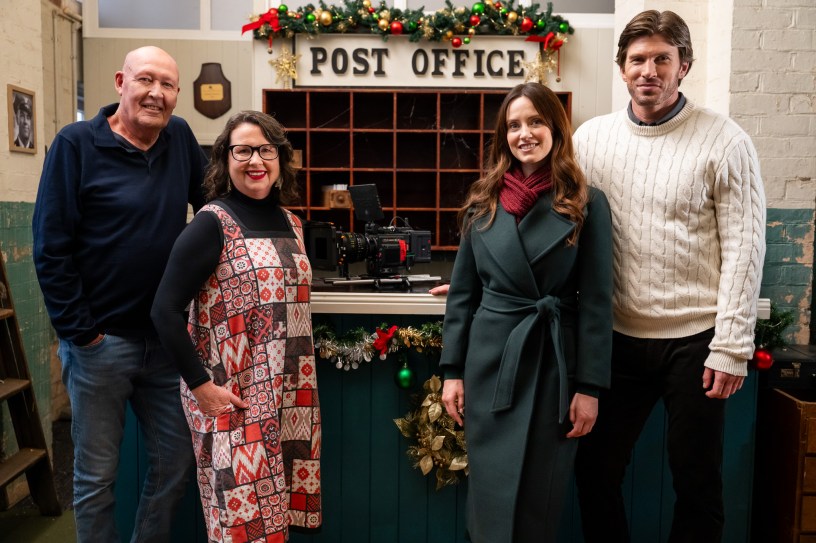 (Left to right) Director Colin Budds, producer Kylie Pascoe, Merritt Paterson, Christopher Russell on the set of 'A Vintage Christmas'. Photo credit: Mark Taylor.