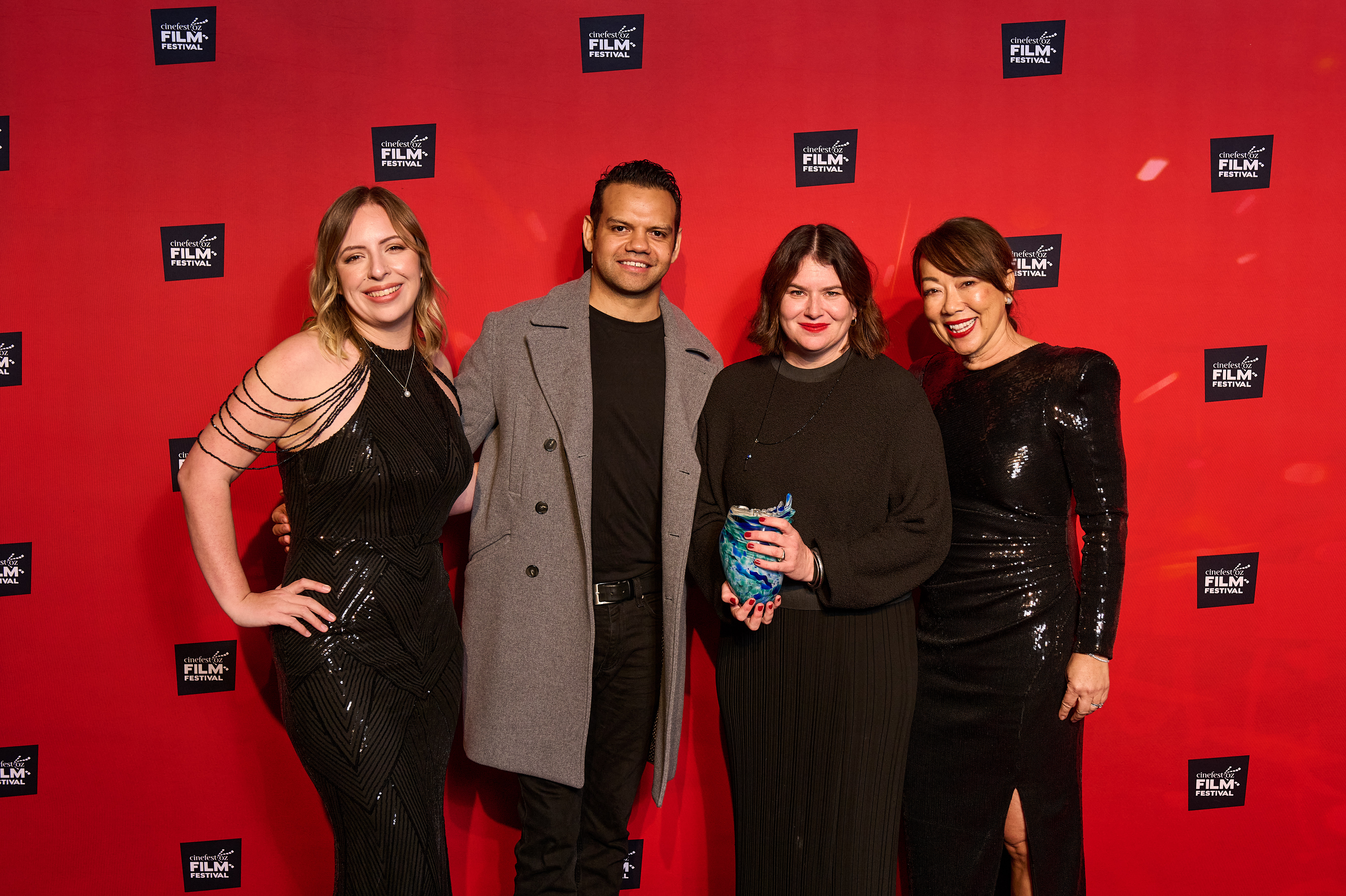 CinefestOZ Film Prize Celebration (left to right): Cassandra Jordan (CEO CFOZ); Meyne Wyatt; Alex White; Margaret Buswell (CFOZ chairperson).