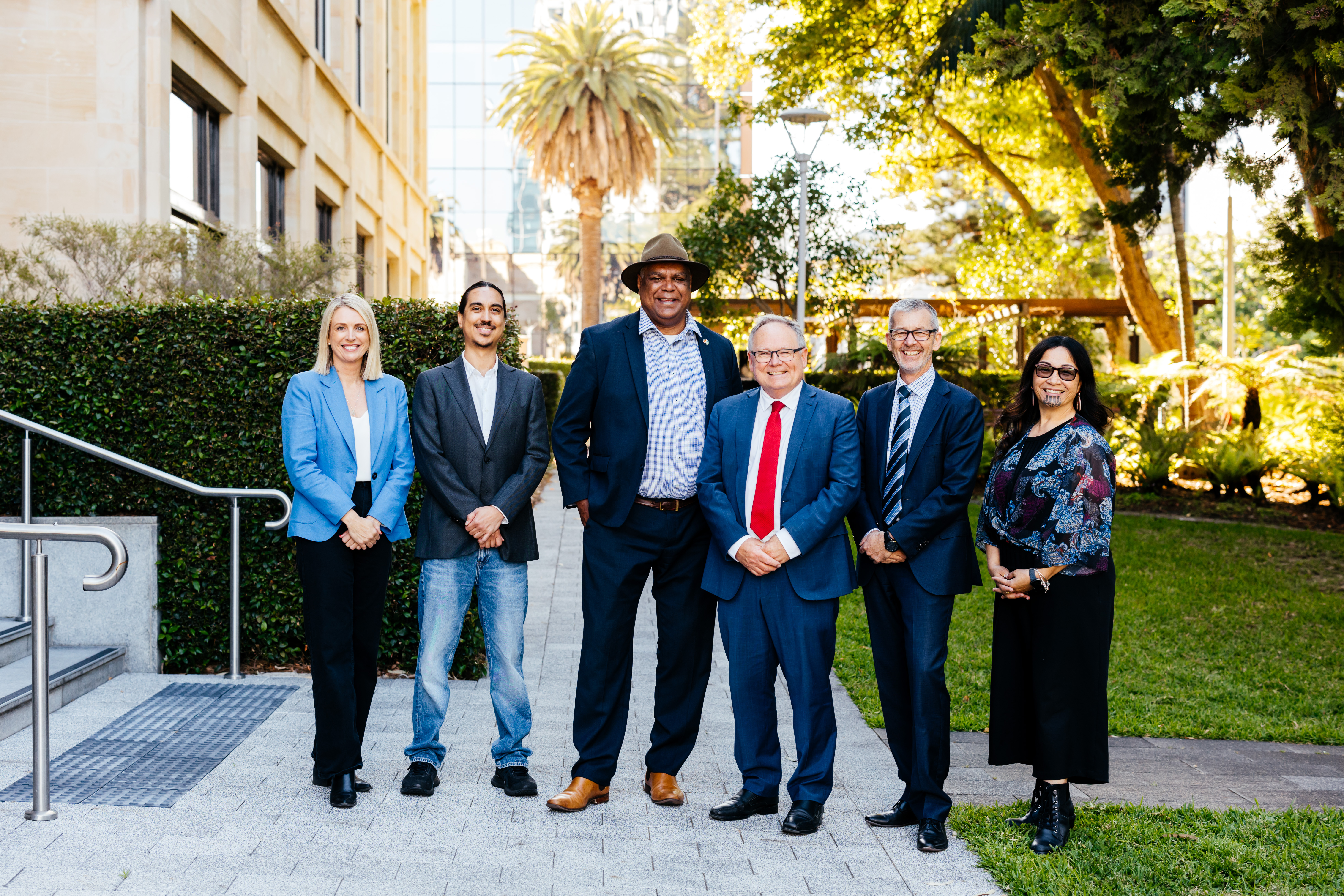 Rikki Lea Bestall (Screenwest CEO), Perun Bonser (Screenwest First Nations Executive), Jason Oakley (Head of NITV Business, Relationships and Community Impact), Hon. David Templeman MLA (Minister for Culture and the Arts), Colin Smith (Lotterywest CEO) and Lorna Pritchard (Lotterywest General Manager Grants and Community Development) celebrate Big Backyard Quiz heading to Western Australia. Photographer: Tori Lill.